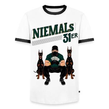 Never 31 - Men's Ringer Shirt - white/black - Front - AI Model Female 172 light (172cm) & AI Model Male 178 dark (178cm)