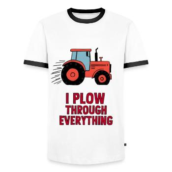 I Plow Through Everything - Men's Ringer Shirt - white/black - Front - AI Model Female 172 light (172cm) & AI Model Male 178 dark (178cm)