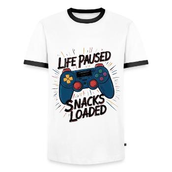 Life Paused, Snacks Loaded - Men's Ringer Shirt - white/black - Front - AI Model Female 172 light (172cm) & AI Model Male 178 dark (178cm)