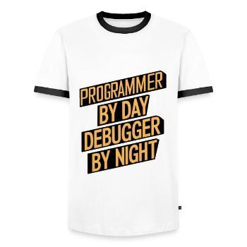 Programmer by Day, Debugger by Night - Männer Kontrast-T-Shirt - Weiß/Schwarz - Vorne - AI Model Female 172 light (172cm) & AI Model Male 178 dark (178cm)