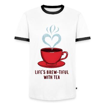 Life's Brew-tiful with Tea - Men's Ringer Shirt - white/black - Front - AI Model Female 172 light (172cm) & AI Model Male 178 dark (178cm)