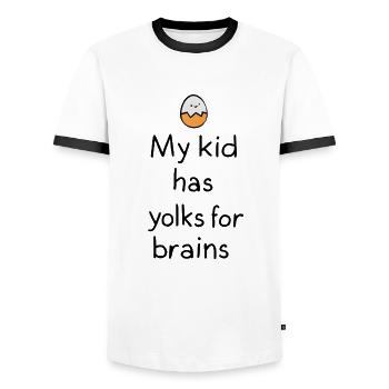 My Kid Has Yolks for Brains - Men's Ringer Shirt - white/black - Front - AI Model Female 172 light (172cm) & AI Model Male 178 dark (178cm)