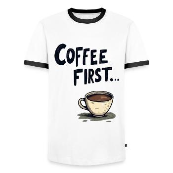 Coffee First - Männer Kontrast-T-Shirt - Weiß/Schwarz - Vorne - AI Model Female 172 light (172cm) & AI Model Male 178 dark (178cm)