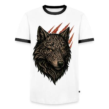 Intricate Tribal Wolf Portrait - Men's Ringer Shirt - white/black - Front - AI Model Female 172 light (172cm) & AI Model Male 178 dark (178cm)