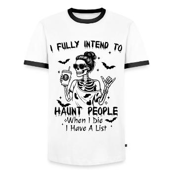 I Fully Intend To Haunt People Halloween Skeleton  - Men's Ringer Shirt - white/black - Front - AI Model Female 172 light (172cm) & AI Model Male 178 dark (178cm)