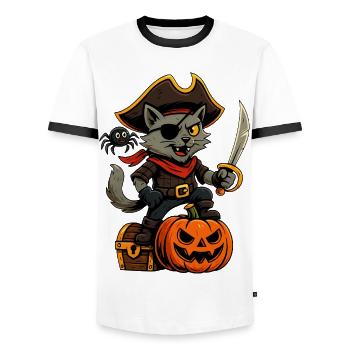 Piraten-Katze mit Kürbis, Schatztruhe und Spinne - Männer Kontrast-T-Shirt - Weiß/Schwarz - Vorne - AI Model Female 172 light (172cm) & AI Model Male 178 dark (178cm)