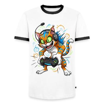 Neon Gaming Katze mit Controller Gamer Kater - Männer Kontrast-T-Shirt - Weiß/Schwarz - Vorne - AI Model Female 172 light (172cm) & AI Model Male 178 dark (178cm)