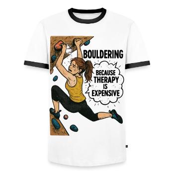 Bouldering instead of therapy – Funny climbing shirt - Men's Ringer Shirt - white/black - Front - AI Model Female 172 light (172cm) & AI Model Male 178 dark (178cm)