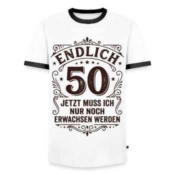 Finally 50th birthday - only growing up - Men's Ringer Shirt - white/black - Front - AI Model Female 172 light (172cm) & AI Model Male 178 dark (178cm)
