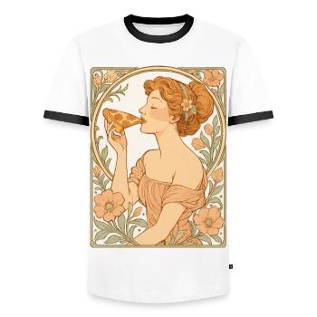 Illustration élégante de la fille de pizza dans la rue Art nouveau - T-shirt contrasté Homme - blanc/noir - Devant - AI Model Female 172 light (172cm) & AI Model Male 178 dark (178cm)