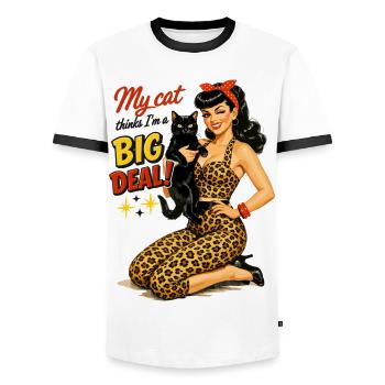 Rockabella & Chat : Mon chat pense que je suis une grande chose - T-shirt contrasté Homme - blanc/noir - Devant - AI Model Female 172 light (172cm) & AI Model Male 178 dark (178cm)