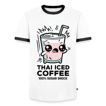 Thai Iced Coffee Kawaii Cup - Men's Ringer Shirt - white/black - Front - AI Model Female 172 light (172cm) & AI Model Male 178 dark (178cm)