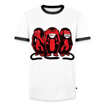 Three monkeys masked conspiracy motif fun - Men's Ringer Shirt - white/black - Front - AI Model Female 172 light (172cm) & AI Model Male 178 dark (178cm)