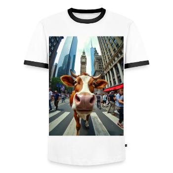Funny Cow Selfie on a City Street - Men's Ringer Shirt - white/black - Front - AI Model Female 172 light (172cm) & AI Model Male 178 dark (178cm)