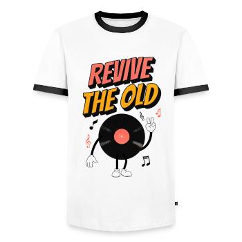 REVIVE THE OLD Vinyl Mascot - Men's Ringer Shirt - white/black - Front - AI Model Female 172 light (172cm) & AI Model Male 178 dark (178cm)