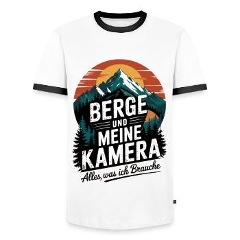 Kamera und Berge Landschaftsfotograf Naturfotograf - Männer Kontrast-T-Shirt - Weiß/Schwarz - Vorne - AI Model Female 172 light (172cm) & AI Model Male 178 dark (178cm)