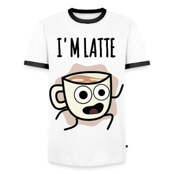 I’m Latte : Tasse de café Tard au travail ! - T-shirt contrasté Homme - blanc/noir - Devant - AI Model Female 172 light (172cm) & AI Model Male 178 dark (178cm)