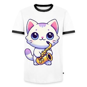 Adorable chat avec graphique de saxophone - T-shirt contrasté Homme - blanc/noir - Devant - AI Model Female 172 light (172cm) & AI Model Male 178 dark (178cm)