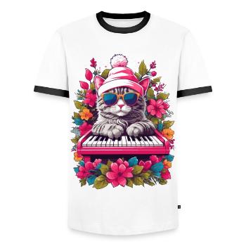 Cute Cat with Piano - Men's Ringer Shirt - white/black - Front - AI Model Female 172 light (172cm) & AI Model Male 178 dark (178cm)