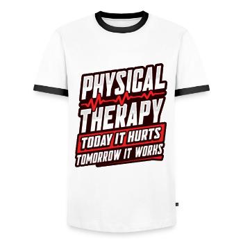 Chemise de kinésithérapie pour physiothérapeute - T-shirt contrasté Homme - blanc/noir - Devant - AI Model Female 172 light (172cm) & AI Model Male 178 dark (178cm)