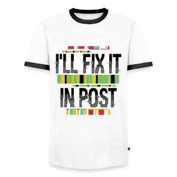 Filmmaker Postproduction Video Editor and Editor - Men's Ringer Shirt - white/black - Front - AI Model Female 172 light (172cm) & AI Model Male 178 dark (178cm)