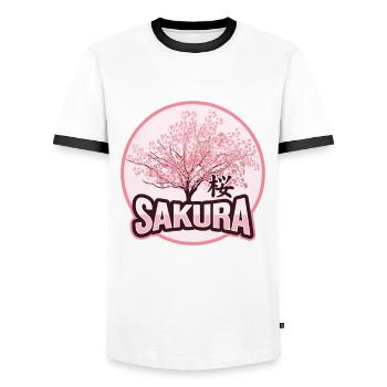 Japanese Sakura Cherry Blossom - Men's Ringer Shirt - white/black - Front - AI Model Female 172 light (172cm) & AI Model Male 178 dark (178cm)