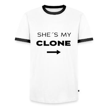 Passendes Zwillingsoutfit eineiige Zwillinge - Männer Kontrast-T-Shirt - Weiß/Schwarz - Vorne - AI Model Female 172 light (172cm) & AI Model Male 178 dark (178cm)
