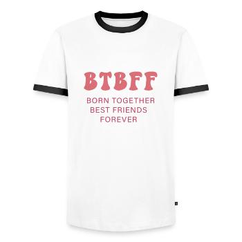 BTBFF Matching Twin Outfit Identical Twins - Men's Ringer Shirt - white/black - Front - AI Model Female 172 light (172cm) & AI Model Male 178 dark (178cm)