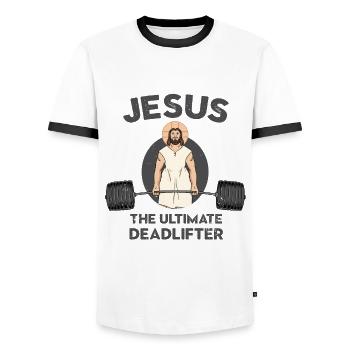 Jesus Deadlift - Männer Kontrast-T-Shirt - Weiß/Schwarz - Vorne - AI Model Female 172 light (172cm) & AI Model Male 178 dark (178cm)