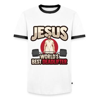Jesus Weightlifting - Men's Ringer Shirt - white/black - Front - AI Model Female 172 light (172cm) & AI Model Male 178 dark (178cm)