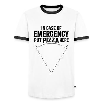 In case of emergency put pizza here design - Men's Ringer Shirt - white/black - Front - AI Model Female 172 light (172cm) & AI Model Male 178 dark (178cm)