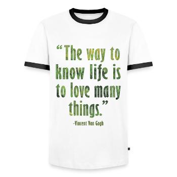 Positive Art Quote by Van Gogh Design - Men's Ringer Shirt - white/black - Front - AI Model Female 172 light (172cm) & AI Model Male 178 dark (178cm)