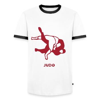 Judo Outfit for Martial Arts Fighters - Men's Ringer Shirt - white/black - Front - AI Model Female 172 light (172cm) & AI Model Male 178 dark (178cm)