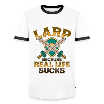 LARP RPG Roleplayers - Men's Ringer Shirt - white/black - Front - AI Model Female 172 light (172cm) & AI Model Male 178 dark (178cm)