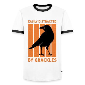 Blackbird Grackle Bird Design for Birdwatchers - Men's Ringer Shirt - white/black - Front - AI Model Female 172 light (172cm) & AI Model Male 178 dark (178cm)
