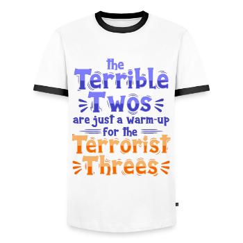 Les horribles deuces ne sont que l’échauffement - T-shirt contrasté Homme - blanc/noir - Devant - AI Model Female 172 light (172cm) & AI Model Male 178 dark (178cm)