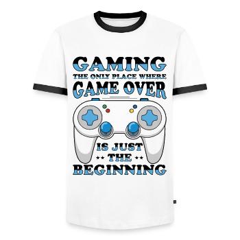 Console de jeu vidéo Gamer Gaming Joystick - T-shirt contrasté Homme - blanc/noir - Devant - AI Model Female 172 light (172cm) & AI Model Male 178 dark (178cm)