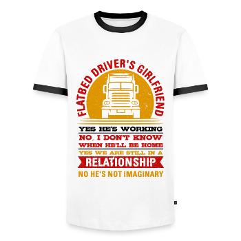 LKW Flachbettmaschine Frachtfahrzeug - Männer Kontrast-T-Shirt - Weiß/Schwarz - Vorne - AI Model Female 172 light (172cm) & AI Model Male 178 dark (178cm)
