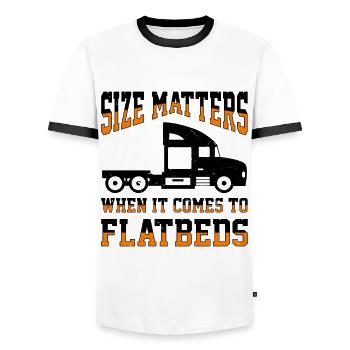 LKW Flachbettmaschine Frachtfahrzeug - Männer Kontrast-T-Shirt - Weiß/Schwarz - Vorne - AI Model Female 172 light (172cm) & AI Model Male 178 dark (178cm)