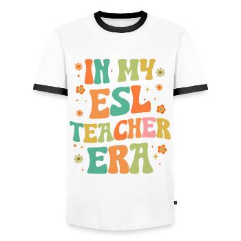 Enseignement de l’anglais langue seconde par des professeurs d’anglais langue seconde - T-shirt contrasté Homme - blanc/noir - Devant - AI Model Female 172 light (172cm) & AI Model Male 178 dark (178cm)