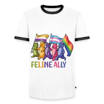Feline Ally Cat Owner LGBTQ Rainbow Flag - Men's Ringer Shirt - white/black - Front - AI Model Female 172 light (172cm) & AI Model Male 178 dark (178cm)