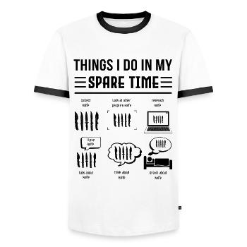 Knives Knifeaholic Knifeologist Knife Collector - Men's Ringer Shirt - white/black - Front - AI Model Female 172 light (172cm) & AI Model Male 178 dark (178cm)