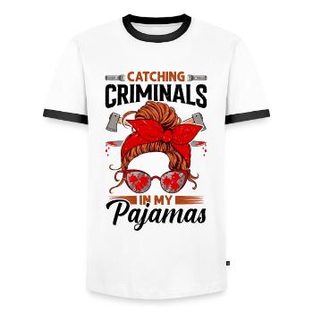 True Crime - Men's Ringer Shirt - white/black - Front - AI Model Female 172 light (172cm) & AI Model Male 178 dark (178cm)