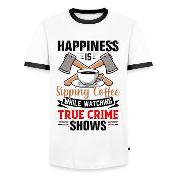 True Crime - Men's Ringer Shirt - white/black - Front - AI Model Female 172 light (172cm) & AI Model Male 178 dark (178cm)