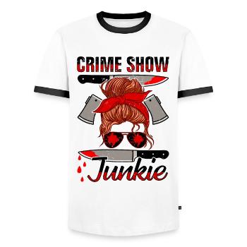 True Crime - Men's Ringer Shirt - white/black - Front - AI Model Female 172 light (172cm) & AI Model Male 178 dark (178cm)