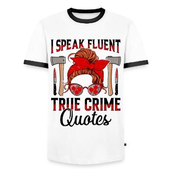 True Crime - Men's Ringer Shirt - white/black - Front - AI Model Female 172 light (172cm) & AI Model Male 178 dark (178cm)