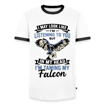 Dicton de Faucon Fauconnier - T-shirt contrasté Homme - blanc/noir - Devant - AI Model Female 172 light (172cm) & AI Model Male 178 dark (178cm)