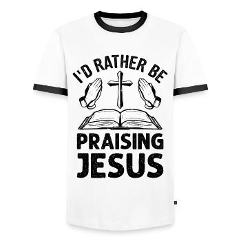 Catholic Religion Church Bible Jesus - Men's Ringer Shirt - white/black - Front - AI Model Female 172 light (172cm) & AI Model Male 178 dark (178cm)
