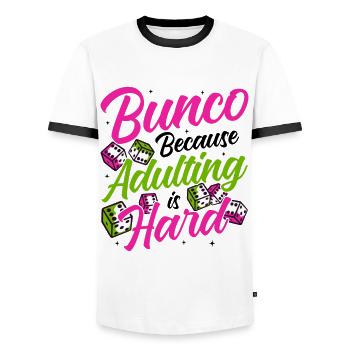Bunco Night Flamingo Bunco Group Bunco Player - Men's Ringer Shirt - white/black - Front - AI Model Female 172 light (172cm) & AI Model Male 178 dark (178cm)