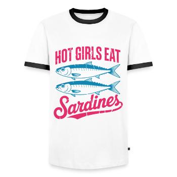 Sardine de poisson en conserve - T-shirt contrasté Homme - blanc/noir - Devant - AI Model Female 172 light (172cm) & AI Model Male 178 dark (178cm)